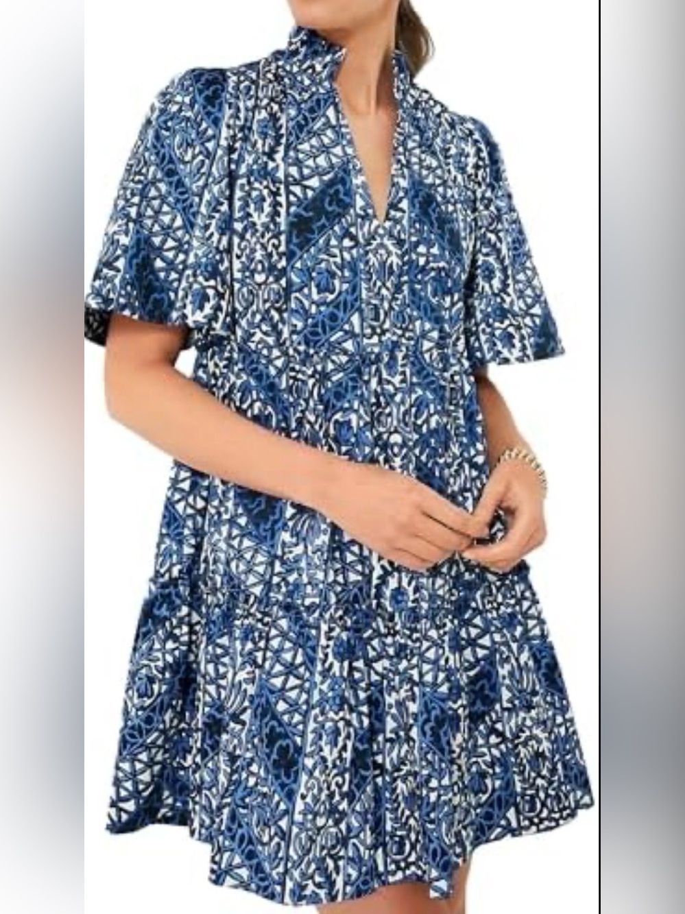 Blue Printed Short-Sleeve V-Neck Tiered Mini Dress